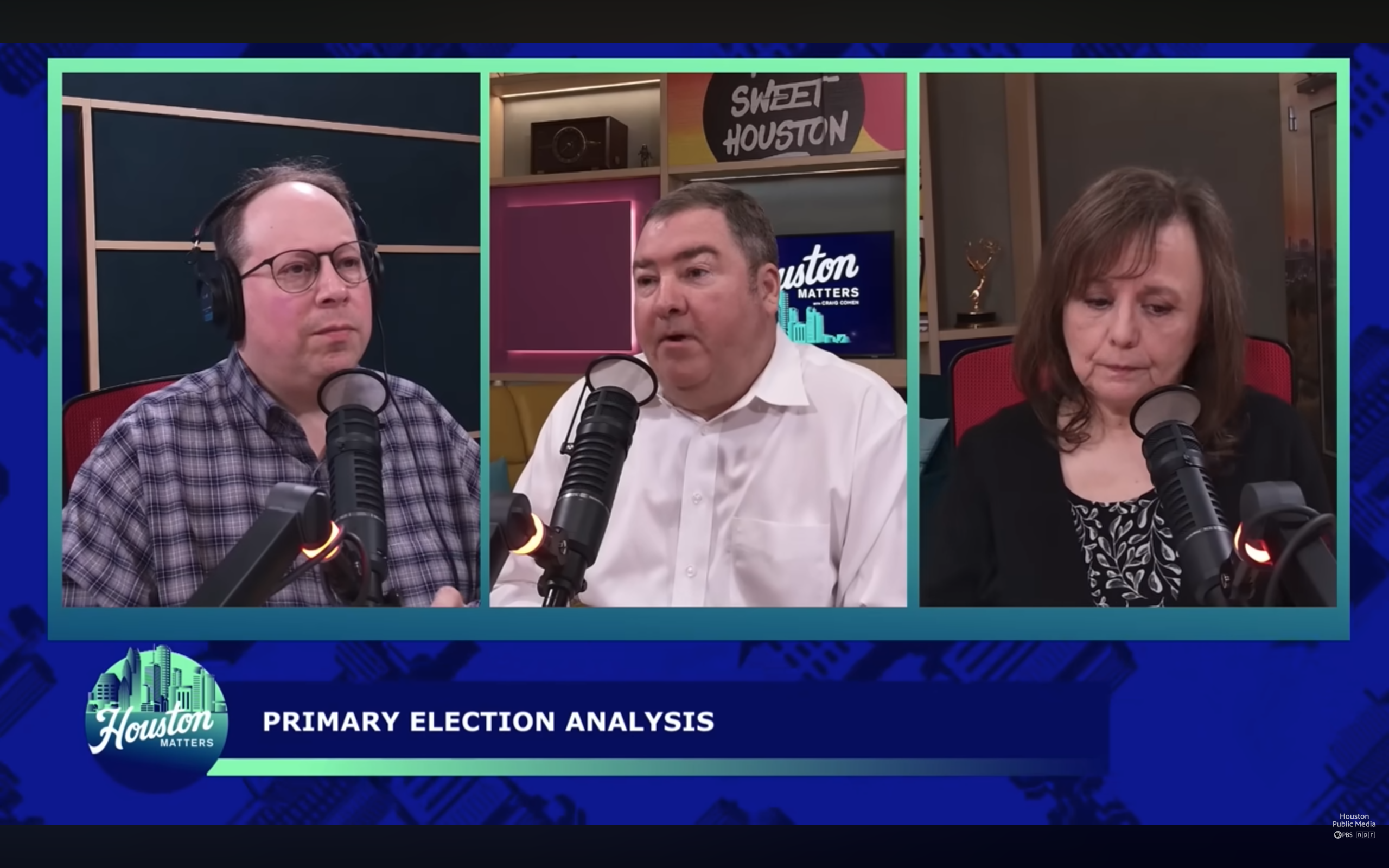 Video preview image of Houston Public Media host and panelists in the booth.