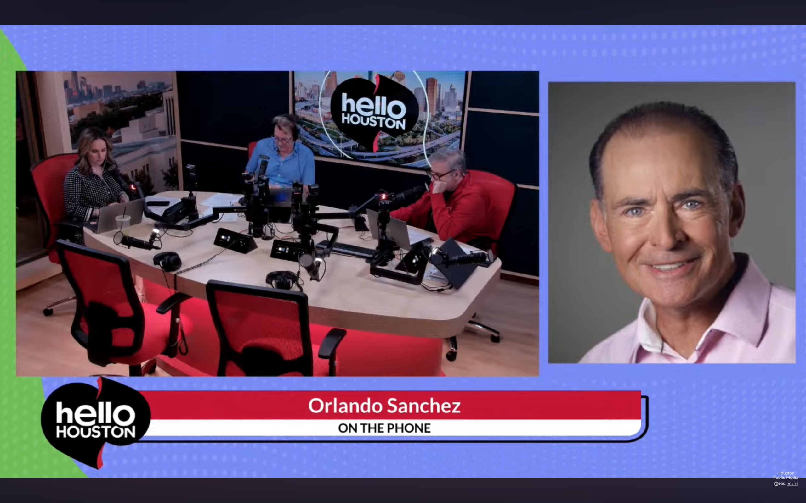 Video preview image of candidate Orlando Sanchez calling in to be interviewed on Hello Houston on Houston Public Media 88.7FM NPR.